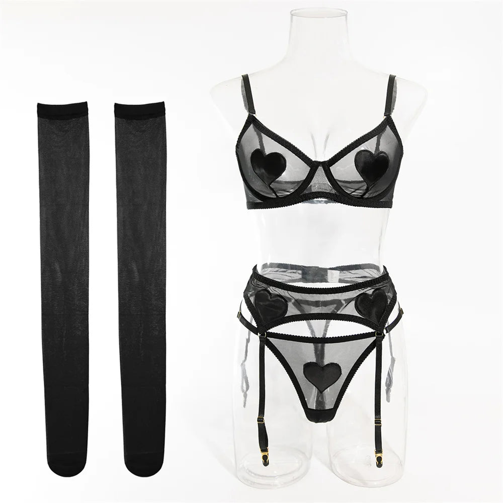 Pink Heart Patchwork Lingerie 4 Piece Mesh See-through Bras And Panties Suits With Stocking Fancy Set The Clothing Company Sydney