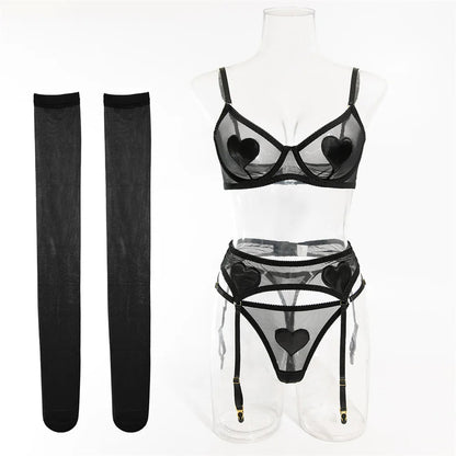 Pink Heart Patchwork Lingerie 4 Piece Mesh See-through Bras And Panties Suits With Stocking Fancy Set The Clothing Company Sydney