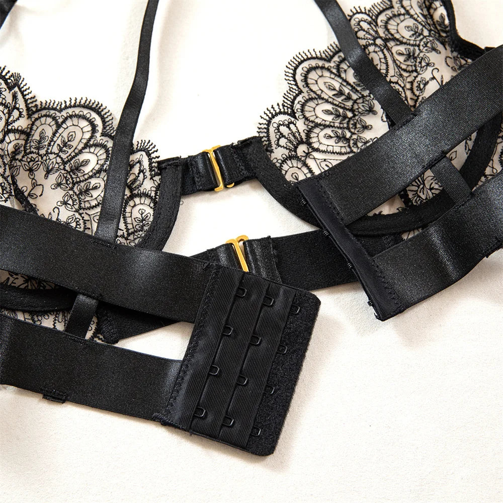 Luxury Black Flower Embroidery Lingerie 4 Piece Mesh Transparent Metal Buckle Bra And Thong Garter Set The Clothing Company Sydney