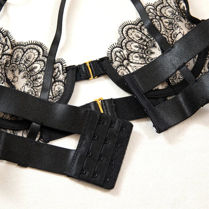 Luxury Black Flower Embroidery Lingerie 4 Piece Mesh Transparent Metal Buckle Bra And Thong Garter Set The Clothing Company Sydney