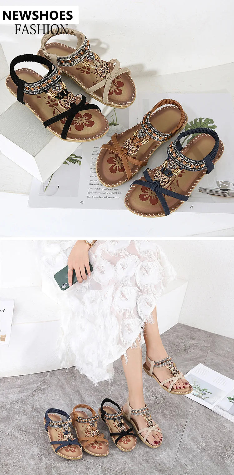 Women Fashion  Flat Flower Rhinestone Open Toe Outdoor Wear Beach Sandals