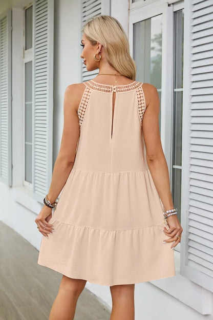 Hollow Lace Patchwork Halter Neck Women A Line Dress Summer Casual Solid Color Loose Beach Holiday Sundress - The Clothing Company Sydney