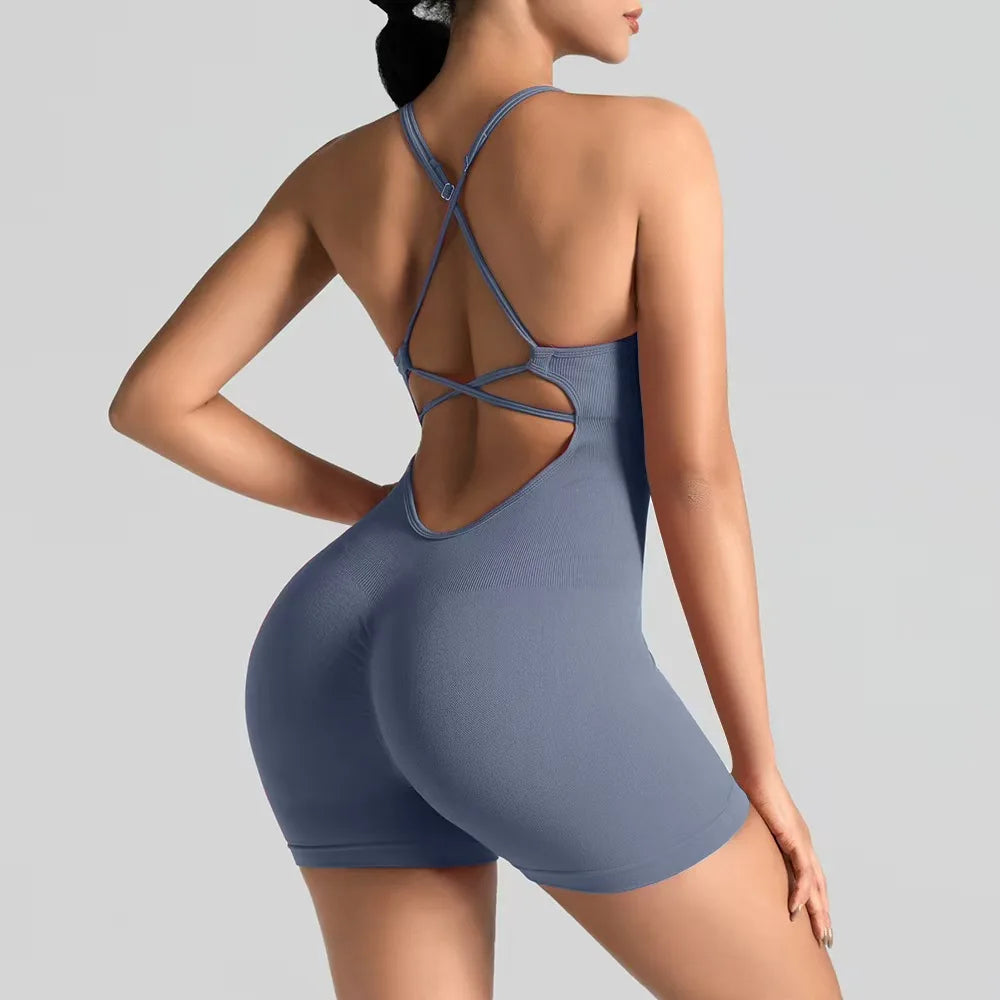 Women's Slim-Fit Yoga Shorts Seamless Back Workout Bodysuit Breathable Quick-Dry Gym Running Pilates Fitness Jumpsuit