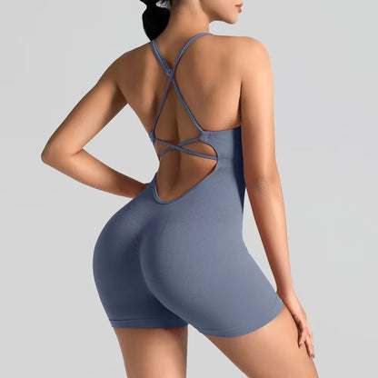 Women's Slim-Fit Yoga Shorts Seamless Back Workout Bodysuit Breathable Quick-Dry Gym Running Pilates Fitness Jumpsuit