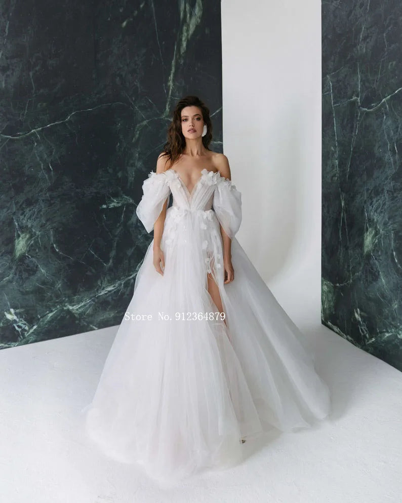 3D Flower with Detachable Sleeves Wedding Gowns Sweetheart Bridal Open Back Appliqued Wedding Dress