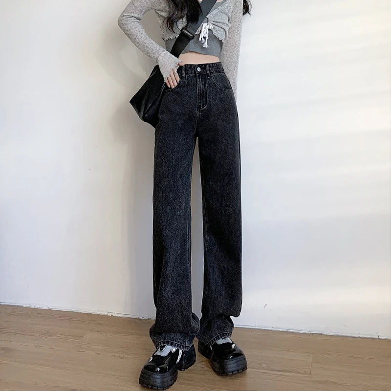 High Waisted Jeans Y2K Fashion Women Clothing Blue Black Straight Leg Denim Pants Trousers Mom Jean Baggy Trousers