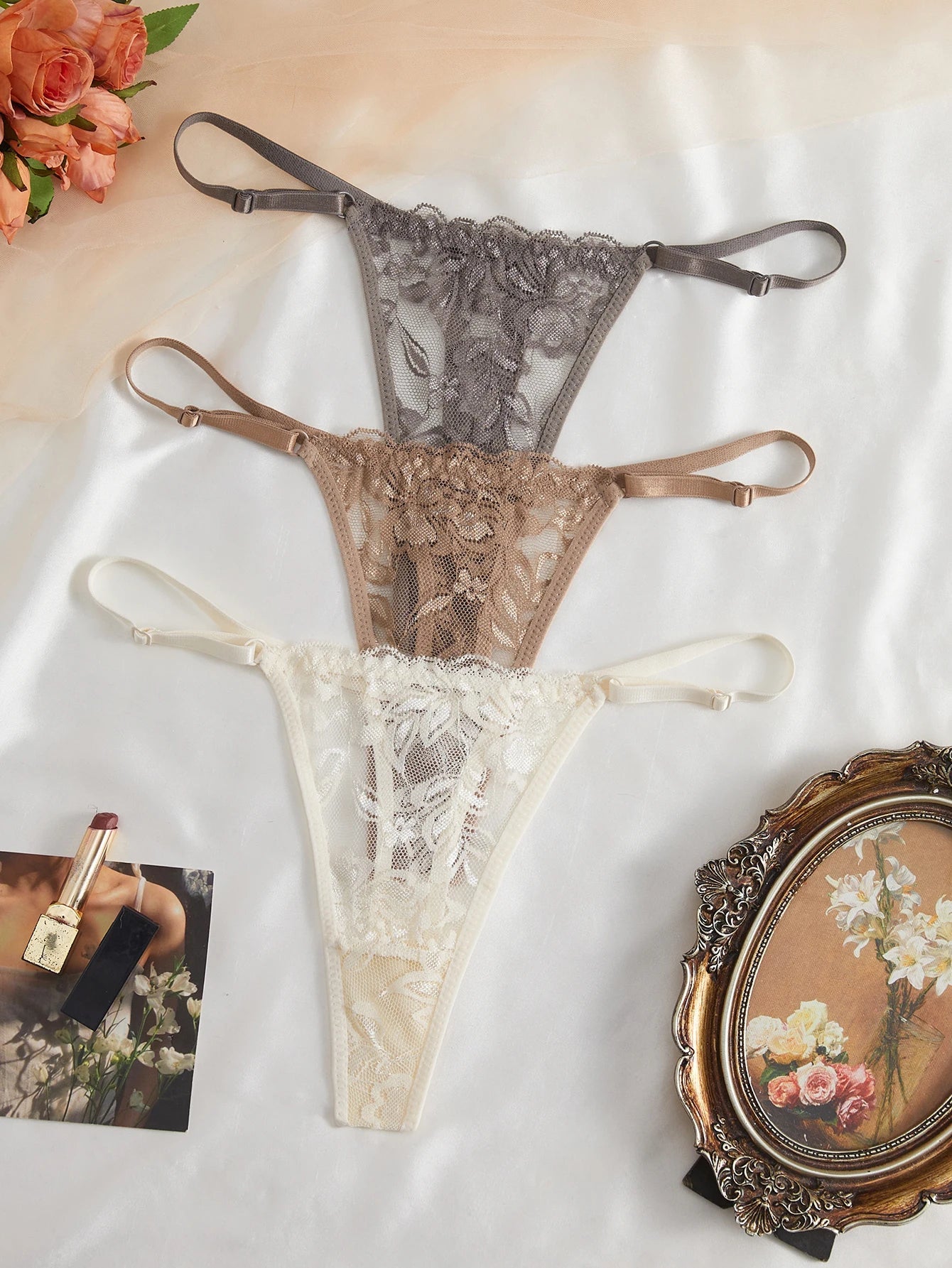 3 Pack Women's Lace Panties Underwear Adjustable Strap Floral Lace Sheer Mesh Thong G String The Clothing Company Sydney
