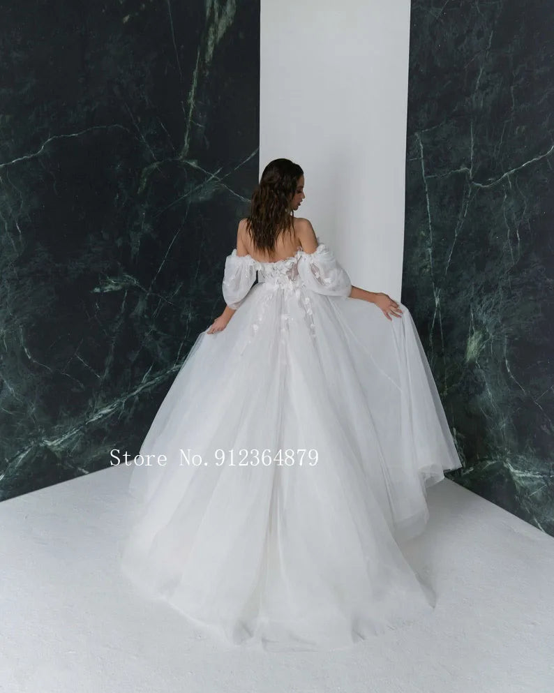 3D Flower with Detachable Sleeves Wedding Gowns Sweetheart Bridal Open Back Appliqued Wedding Dress