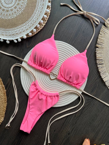 Halter Solid color Bikini Set Women's Swimsuit Two piece Triangle Thong Swimwear Bathing Suit The Clothing Company Sydney