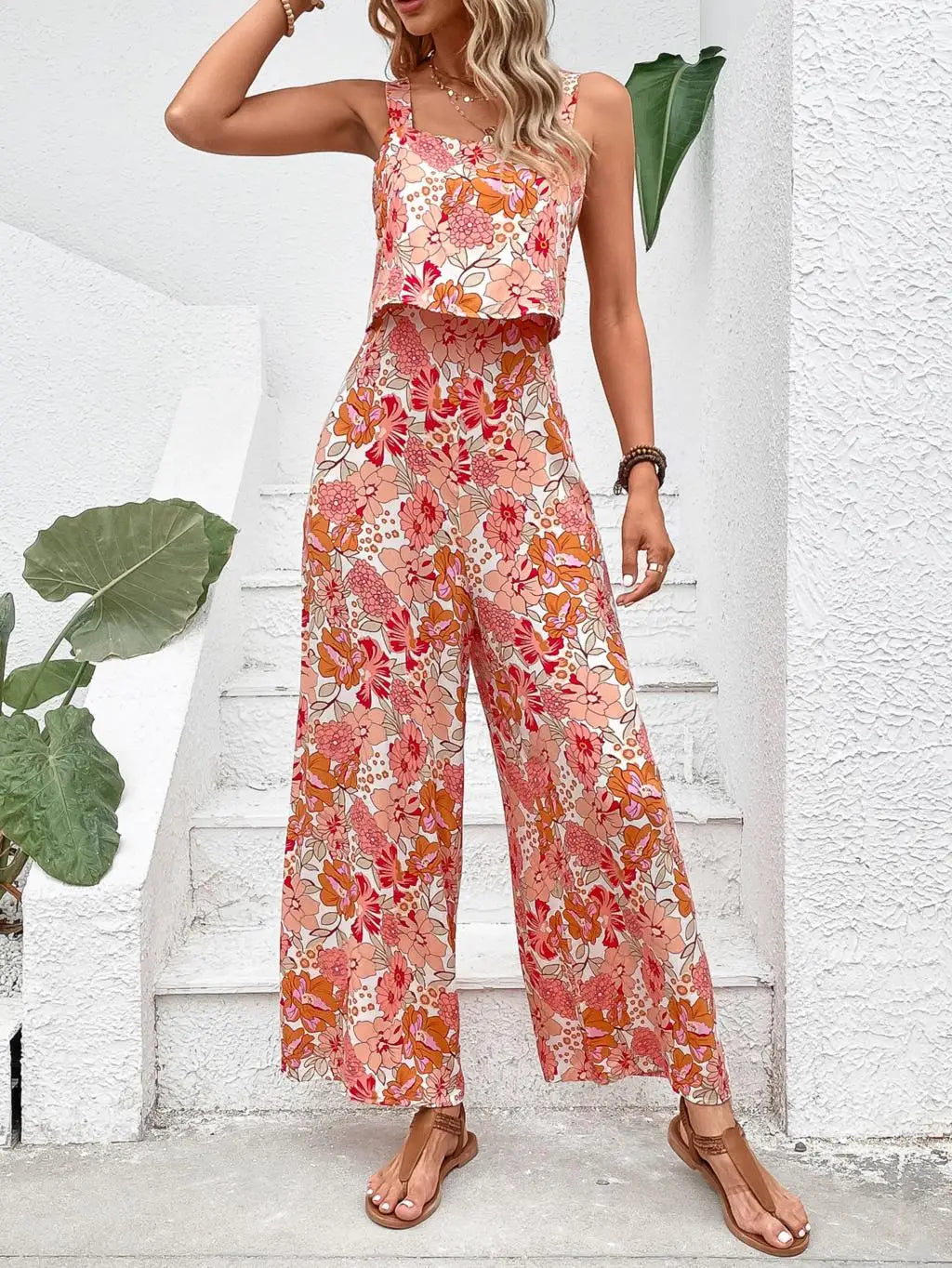 Elegant Long Women's Backless Wide Leg Jumpsuits Casual Sleeveless Floral Rompers Summer Matching Outfit Set