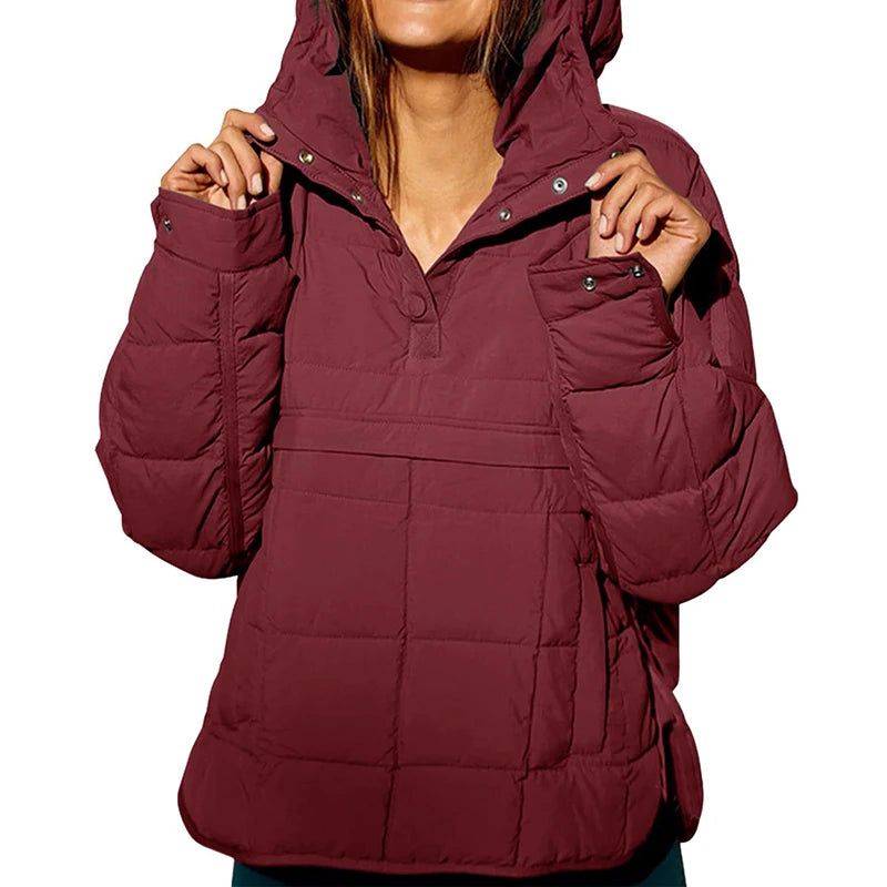 Autumn Winter Padded Jacket For Women Fashion Pockets Long Sleeves Hooded Pullovers Casual Coat