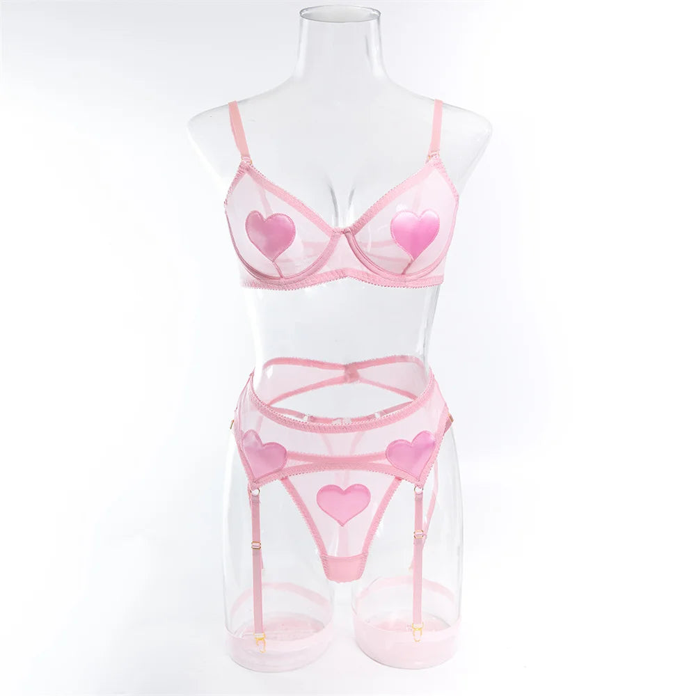 Pink Heart Patchwork Lingerie 4 Piece Mesh See-through Bras And Panties Suits With Stocking Fancy Set The Clothing Company Sydney
