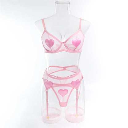 Pink Heart Patchwork Lingerie 4 Piece Mesh See-through Bras And Panties Suits With Stocking Fancy Set The Clothing Company Sydney