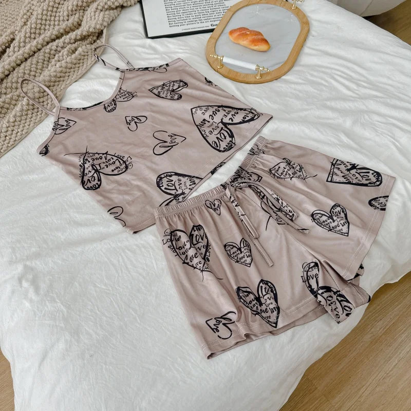 Womens Pajama Ladies Satin Pyjama Print Round Neck Ice Silk Top T-Shirt and Shorts Sets