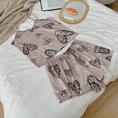 Womens Pajama Ladies Satin Pyjama Print Round Neck Ice Silk Top T-Shirt and Shorts Sets