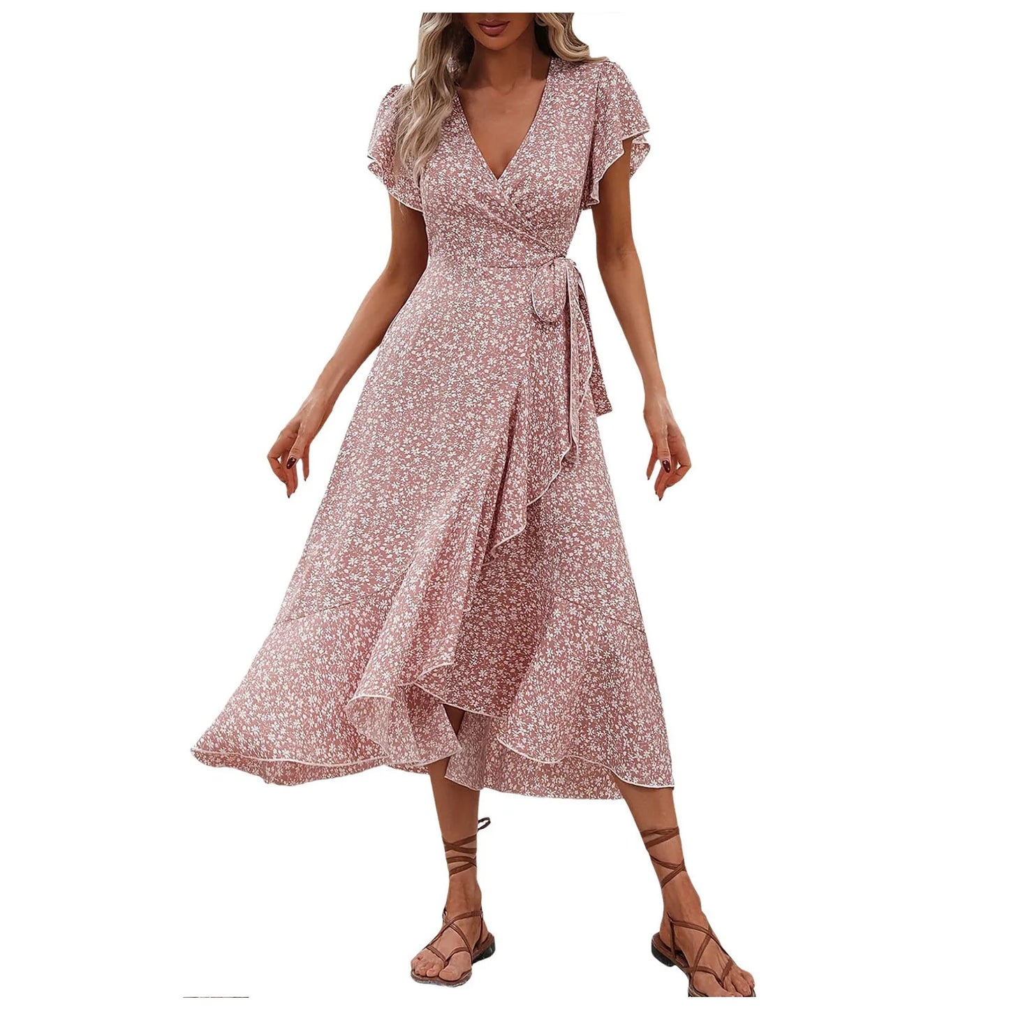 Women's Split Midi Floral Wrap Summer Irregular High Waist Boho Long Dress A-Line V-Neck Holiday Beach Sundress