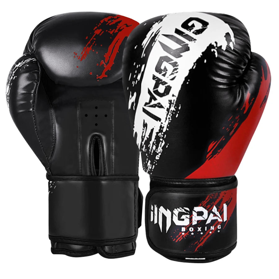 Adult and kid boxing Muay Thai training gloves, adjustable fighting mitts in black, red, and blue