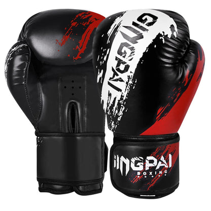 Adult and kid boxing Muay Thai training gloves, adjustable fighting mitts in black, red, and blue