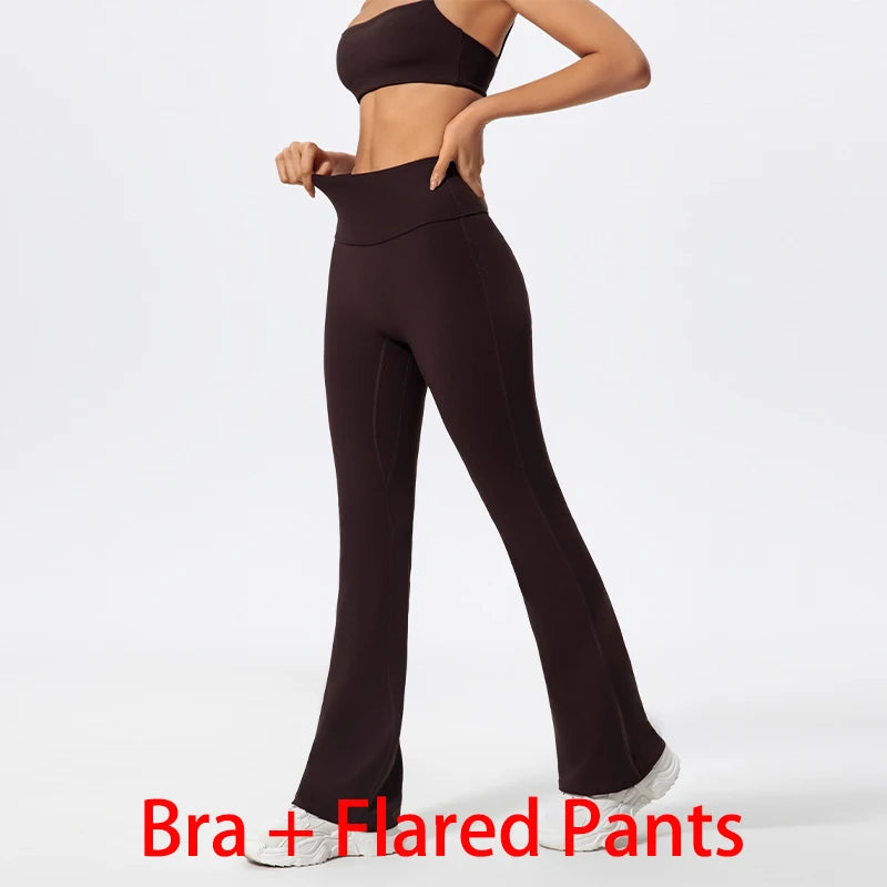 Women Two Piece Gym Workout Bra Yoga Set Shorts Fitness Wear Quick-Dry Sports Bra Flared Pants Suits