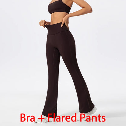Women Two Piece Gym Workout Bra Yoga Set Shorts Fitness Wear Quick-Dry Sports Bra Flared Pants Suits