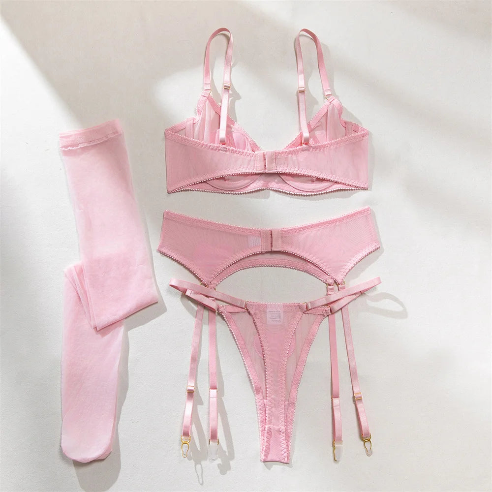 Pink Heart Patchwork Lingerie 4 Piece Mesh See-through Bras And Panties Suits With Stocking Fancy Set The Clothing Company Sydney