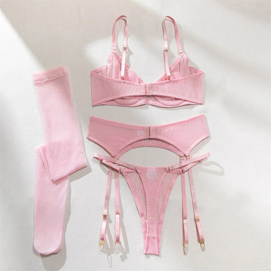 Pink Heart Patchwork Lingerie 4 Piece Mesh See-through Bras And Panties Suits With Stocking Fancy Set The Clothing Company Sydney