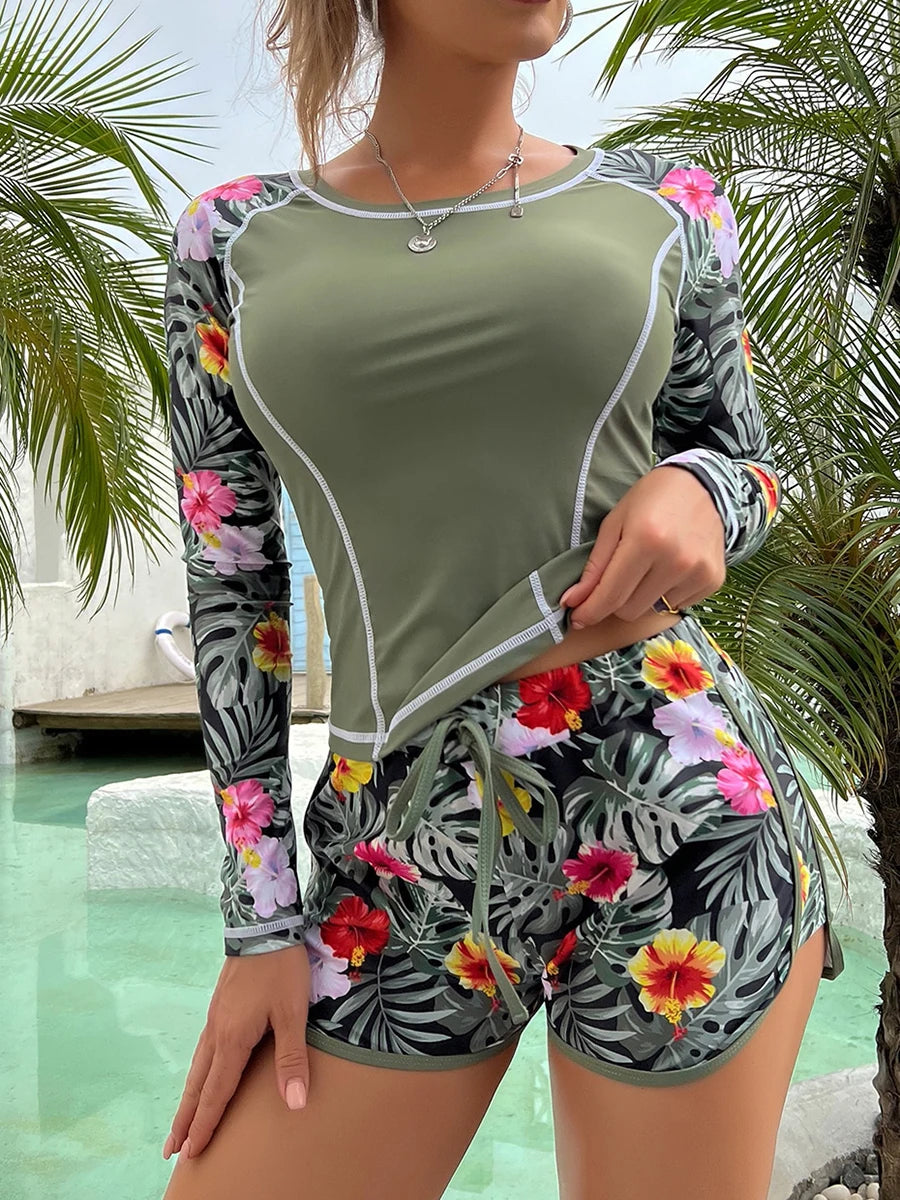 Long Sleeve Surfing Swimsuit Tropical Print Swimwear Women Two Piece Rashguard Diving Clothes Bathing Swimming Suit The Clothing Company Sydney