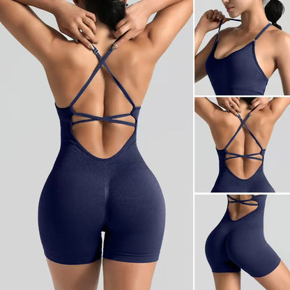 Women's Slim-Fit Yoga Shorts Seamless Back Workout Bodysuit Breathable Quick-Dry Gym Running Pilates Fitness Jumpsuit