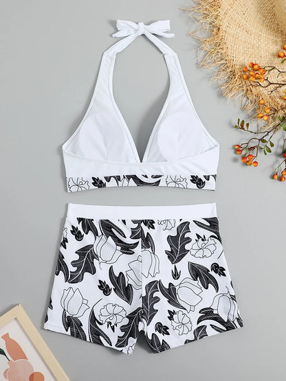 2 Piece Halter Bikini Set Shorts Swimsuit High Waist Swimwear Female Printed Bathers Swimming Bathing Swim Suit Beachwear