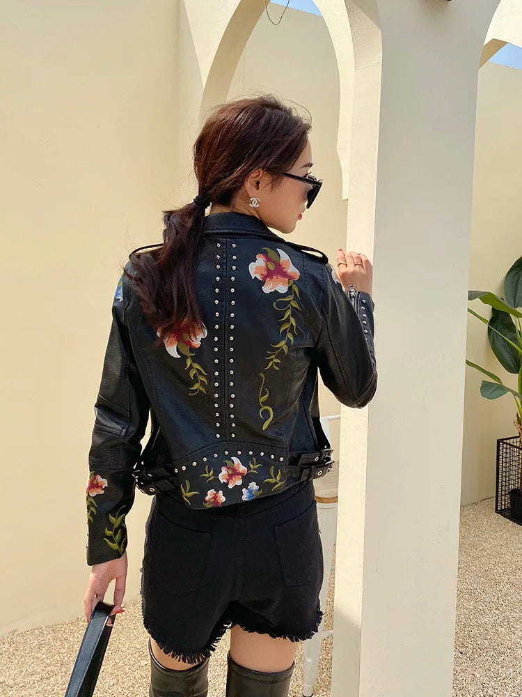 PU Leather Embroidered Rivet Coat Biker Streetwear Zipper Overcoat Women's Jackets Spring Clothes The Clothing Company Sydney