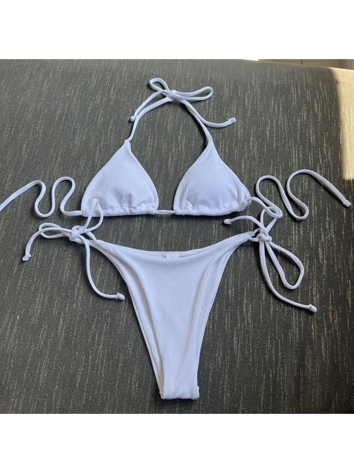 2 Piece Bathing Suit Ribbed Backless Pads Women Bikini Set Halter Triangle Bra Side Tie Thong Swimwear Set