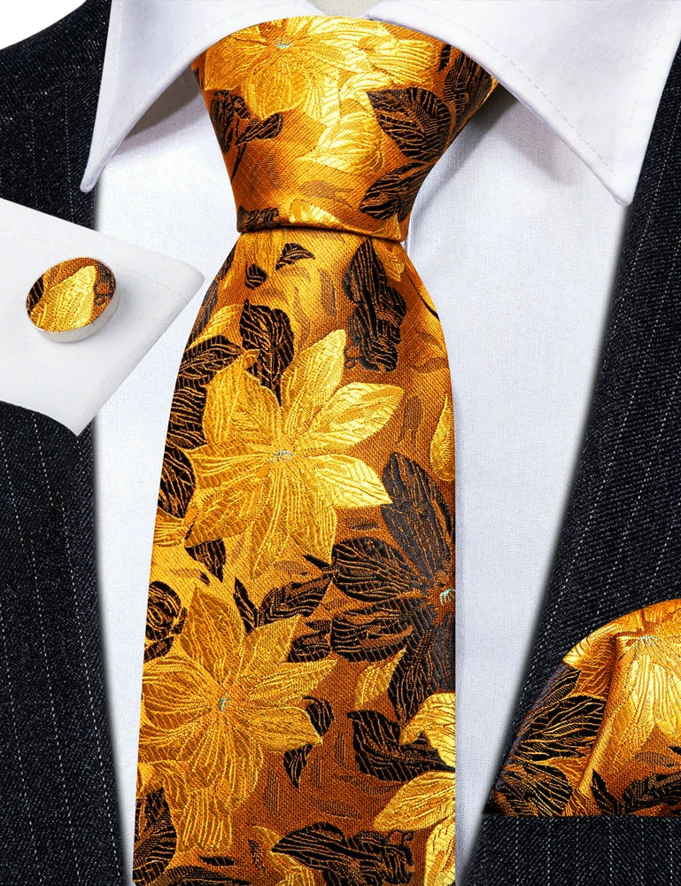 Elegant Men's Gold Leaves Floral Silk Neck Tie Pocket Square Cufflinks Wedding Business Party Gift Set