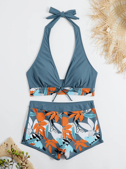 2 Piece Halter Bikini Set Shorts Swimsuit High Waist Swimwear Female Printed Bathers Swimming Bathing Swim Suit Beachwear