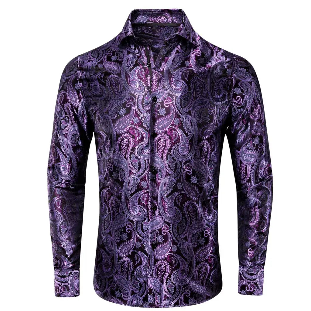Lilac Mauve Lavender Purple Silk Mens Shirts Luxury Lapel Long Sleeve Dress Shirt