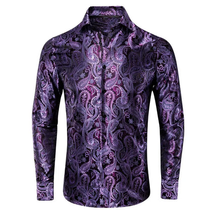 Lilac Mauve Lavender Purple Silk Mens Shirts Luxury Lapel Long Sleeve Dress Shirt