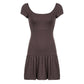 Brown Vintage Y2K Folds Slim Summer Mini Dress for Women Round Neck Dress The Clothing Company Sydney