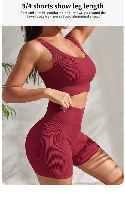 Seamless Ribbed Yoga Sets Workout Sets for Women 2 Pieces Gym Suits Ribbed Crop Tank High Waist Shorts Outfits Fitness Running The Clothing Company Sydney