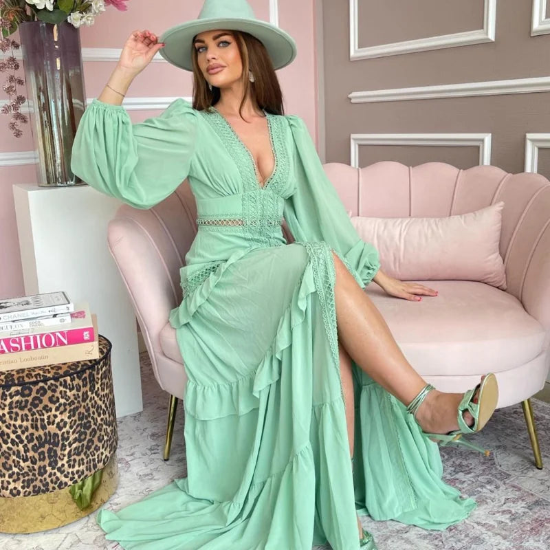 Women V-neck Lantern Long Sleeves Maxi Dress Elegant Patchwork Ruffles Hollow Lace Slim  Summer Dress