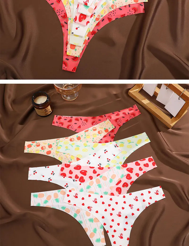 7 Pack Ice Silk G-String Thong Women One Piece Seamless Panties Low Waist Print Underwear Lingerie