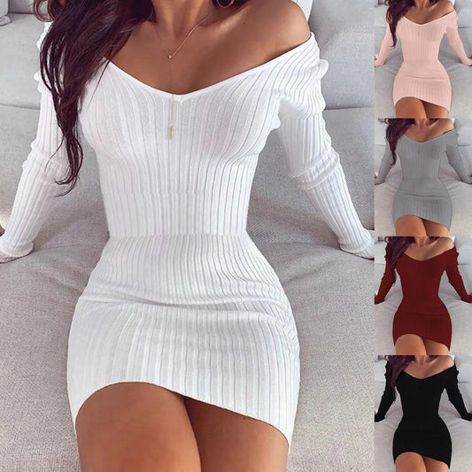 Slim Knitted Solid Color V Neck Long Sleeve Stretchy Short Bodycon Dress Autumn Winter Casual Short Dress The Clothing Company Sydney