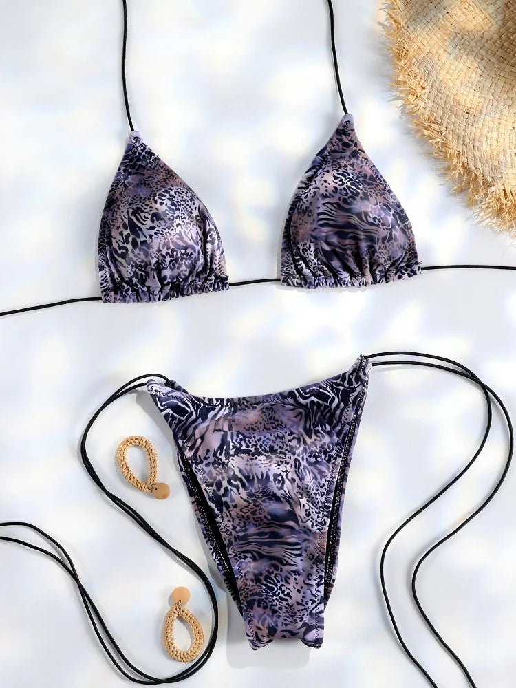 2 Piece Triangle Micro Thongs Swimsuit Bathing Suit Bandage Beachwear Print Swimwear Thong Bikini Set