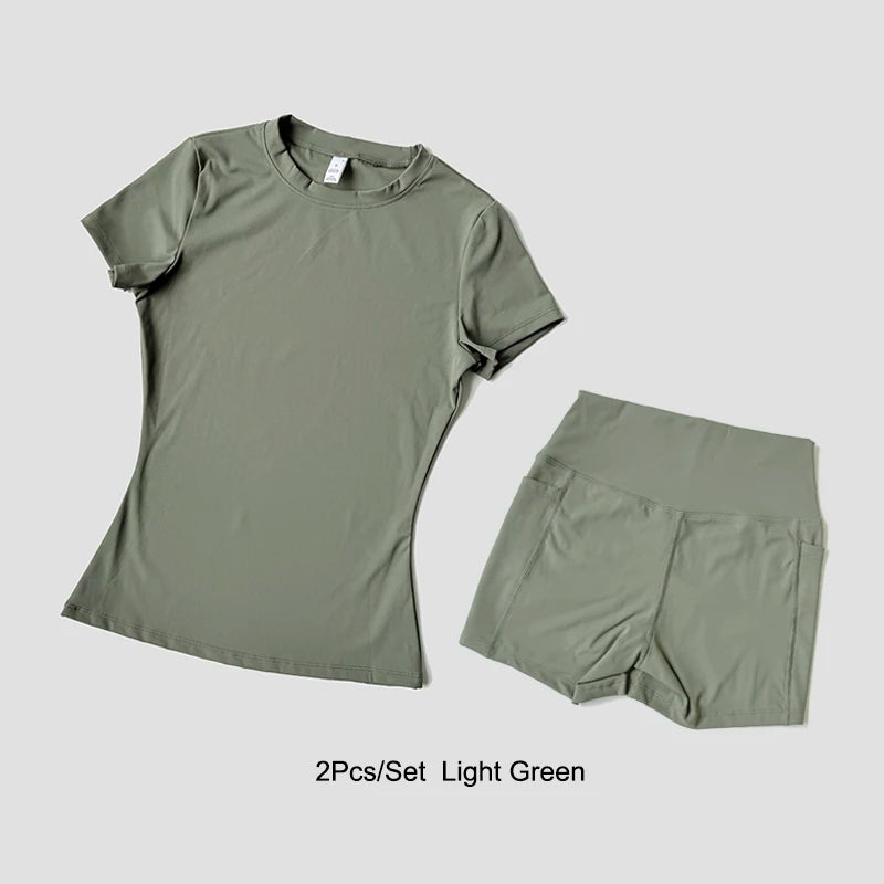 2 Piece Women's Sports Yoga Set Seamless Knitted Fitness Gym Clothes Sportswear Short Sleeve Crop Top Tracksuits Gym Bike Shorts - The Clothing Company Sydney