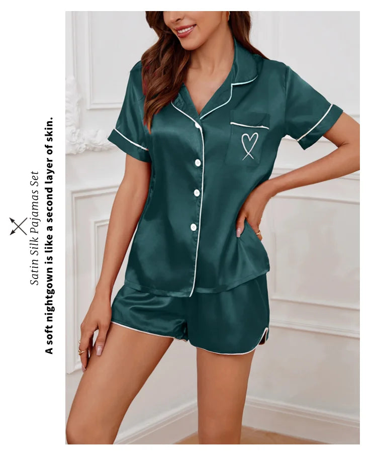 Women's Silk Satin Pyjama Set Button Down Short Sleeve Tops With Shorts 2 Pieces Sleepwear Suit Nightwear Loungewear The Clothing Company Sydney