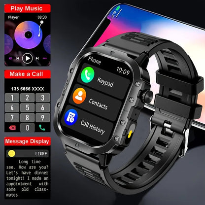 Men's LED smart watch with Bluetooth, voice control, multi-sport modes, health monitoring, and outdoor sports features.