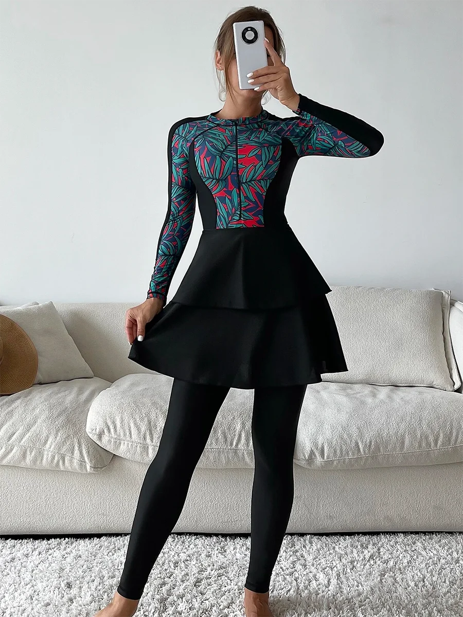 3 Piece Swimwear Women Long Sleeve Swimsuit Long Pants Top Conservative Bathing Suit