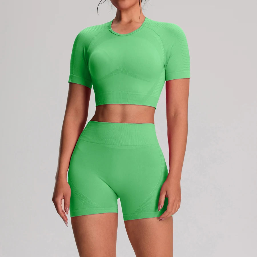 2 Piece Yoga Sport T-shirts Shorts Set Sportswear Gym Seamless Workout Vest Shorts Leggings Activewear Women's Bike Shorts The Clothing Company Sydney