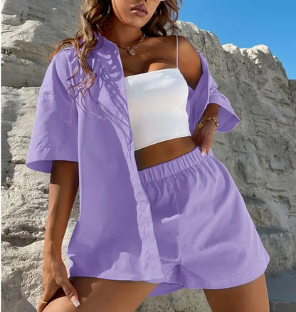 Long Sleeve Single breasted Top Broad legged Shorts Set Fashion Ladies Solid Suits Summer 2 Piece Matching Outfits For Women The Clothing Company Sydney