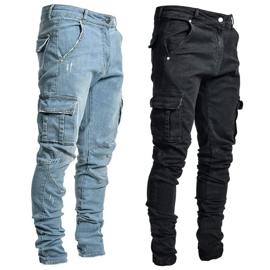 Men's Street Elastic Jeans Denim Cargo Pants Wash Solid Colour Multi Pockets Casual Mid Waist Trousers Slim Fit Daily Wear Joggers The Clothing Company Sydney