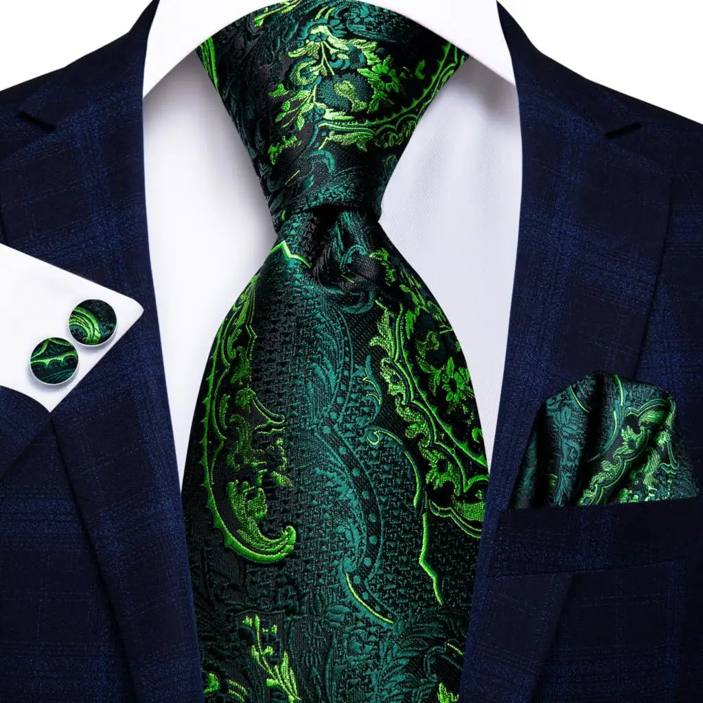 Green Paisley Silk Tie Set for Men – Necktie, Pocket Square & Cufflinks The Clothing Company Sydney