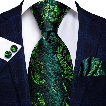 Green Paisley Silk Tie Set for Men – Necktie, Pocket Square & Cufflinks The Clothing Company Sydney